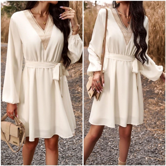 NWT Prettygarden Beige V Tie Belt Long Sleeve Boho Bohemian Flowy Mini Dress M - Picture 7 of 12